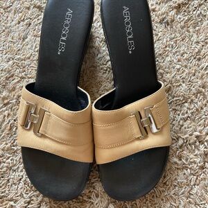 AEROSOLES Beige Slide Sandals with Silver-Tone Buckles